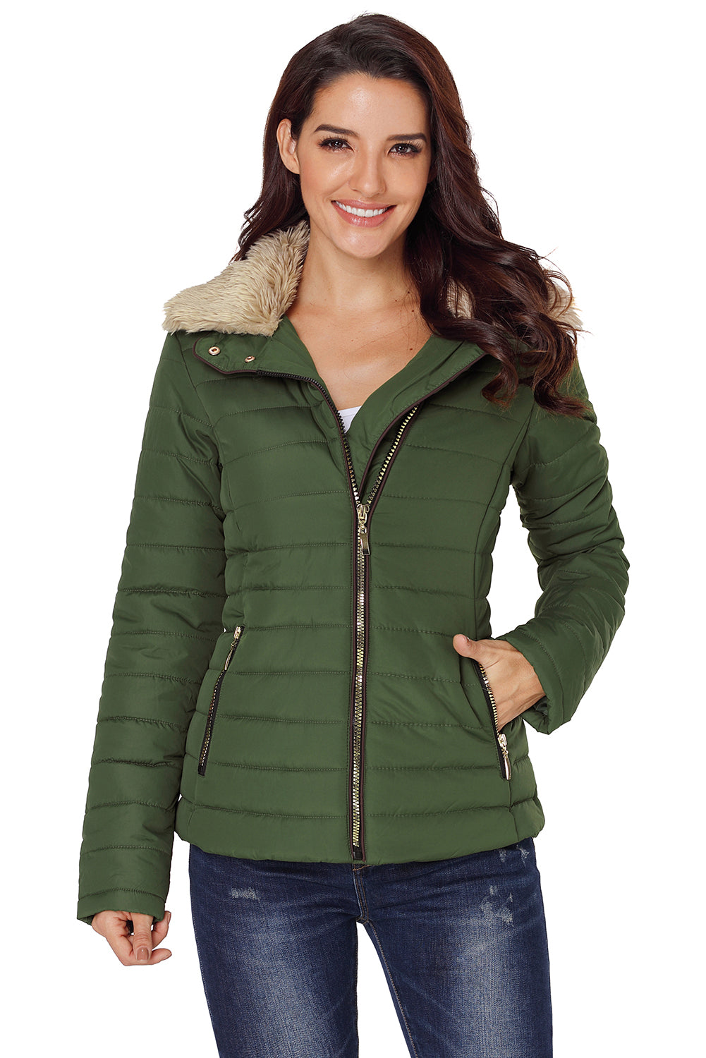 Army Green Faux Fur Collar Trim Black Quilted Jacket