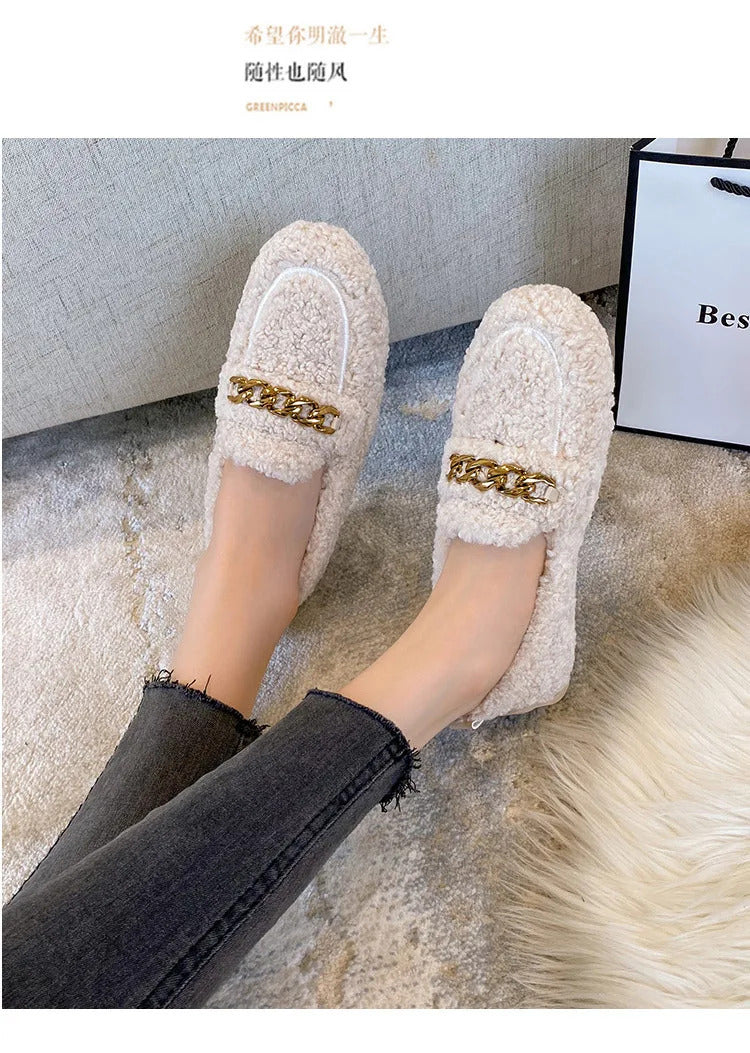 Luxury Sheep Fur Lined Loafers Women Lambswool Shoes Ladies Winter Slip On Furry Flats Cotton Wool Mocasine Femme Barefoot Boots