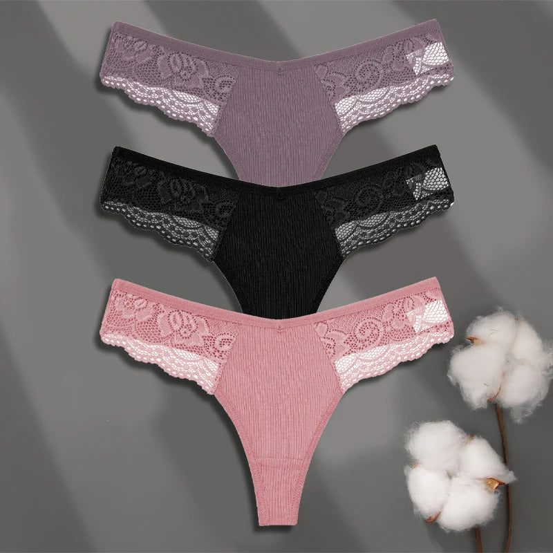 FINETOO 3Pcs Women's Cotton Underwear Lace Thongs Sexy Solid Color Low Waist Bikini Panties Ladies Breathable G-string Lingerie