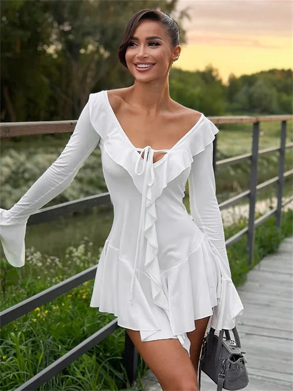 Tossy Ruffled Lace-Up White Mini Dress Women's V-Neck Patchwork Long Sleeve Sexy Slim Dress Bandage Elegant Female Summer Dress