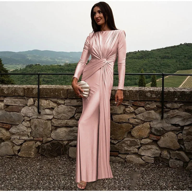 Burgundy  Sexy Pleated Lace Up Long Dress Lady Fashion Round Neck Slim Fit Long Sleeved Evening Gown 2024 New Chic Outfits