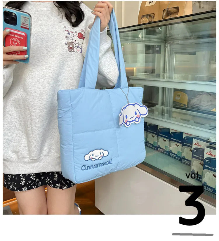 2024 New Sanrio Handbag Cartoon Cute Down Fabric Kuromi Tote Bag Shoulder Pacha Dog Cute Stationery Bag Large Capacity Handbag