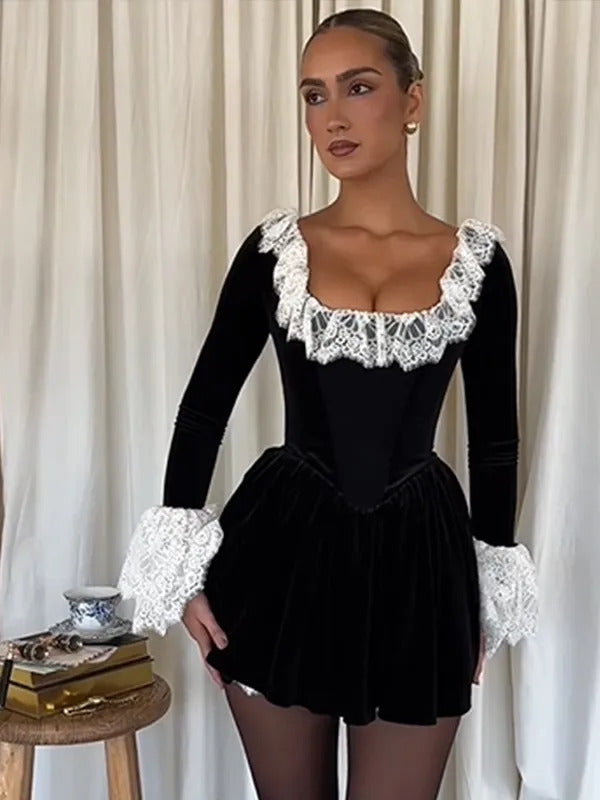 Sexy Lace Flare Long Sleeve Mini Dress Women Fashion Black Square Collar High Waist A-line Dresses 2024 Lady Evening Party Gown