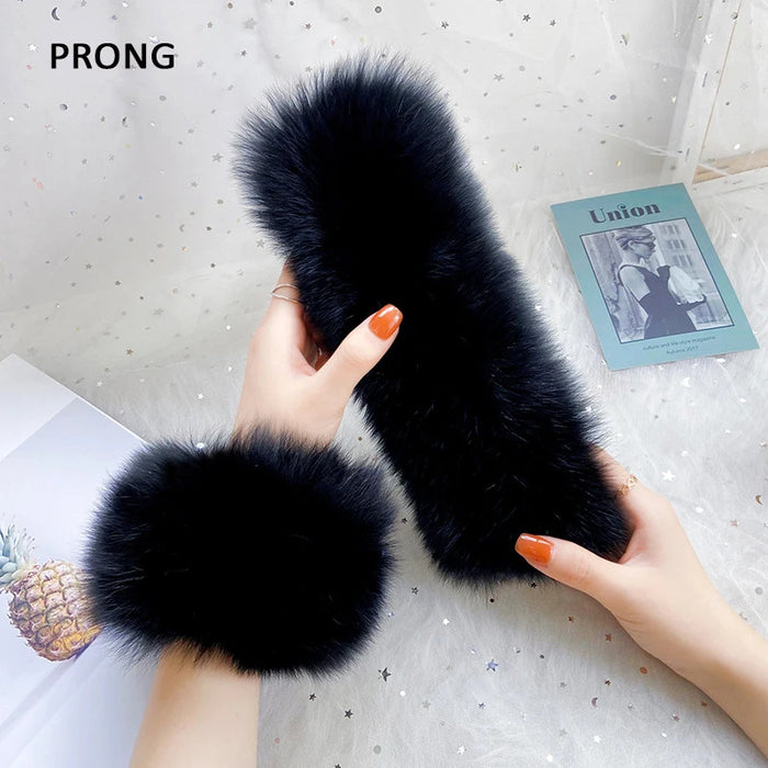 Natural Fox Fur Cuffs Wrist Arm Warmer Women Jacket Coat Sleeve Fur Triming Ladies Bracelet Real Fur Wristand Glove Snap Ring