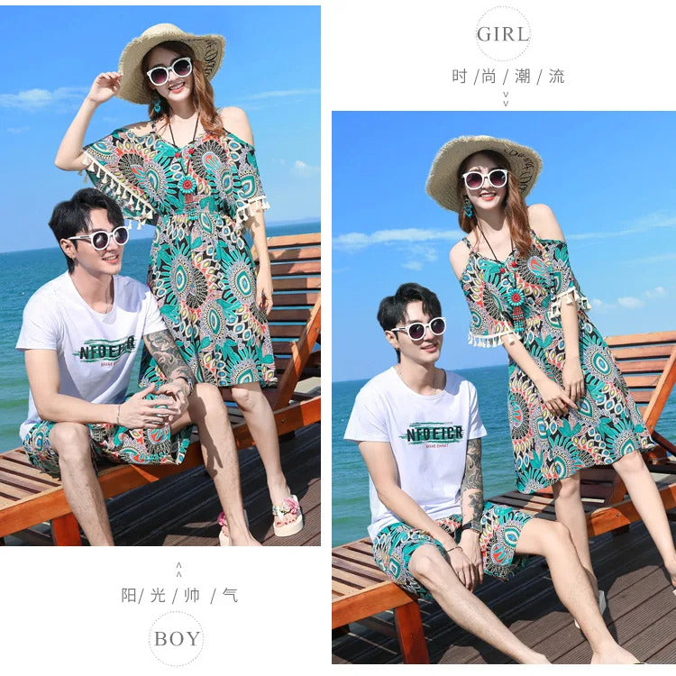 Family Matching Outfits 2022 Summer Beach Mother Daughter Floral Dresses Dad Son Cotton T-shirt & Shorts Couple Outfit Seaside