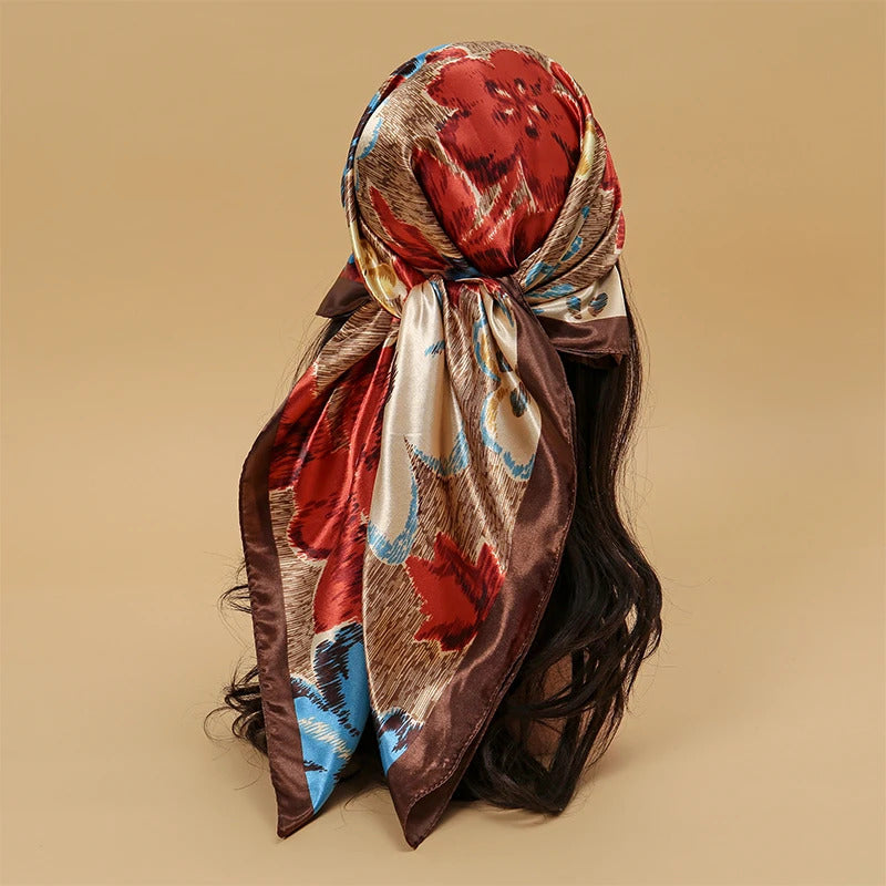 Satin Square Scarf Women Muslim Hijab Elegant 2023 Print Silk Neckerchief Shawl Wraps Headband Handle Hair Accessories Bandana