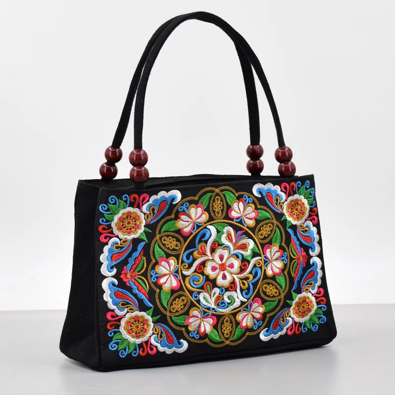 Embroidered Canvas Women's Top Handle Bag: Double Layered with Zippered Compartments, Perfect for Work and Play