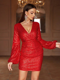 Surplice Neck Lantern Sleeve Sequin Bodycon Party Dress&Evening Dress