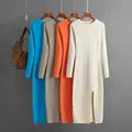 HLBCBG New Straight Autumn Winter Long Sweater Dress Women Split Side Long POLO Neck Maix Sweater Dress Female Basic Loose Dress