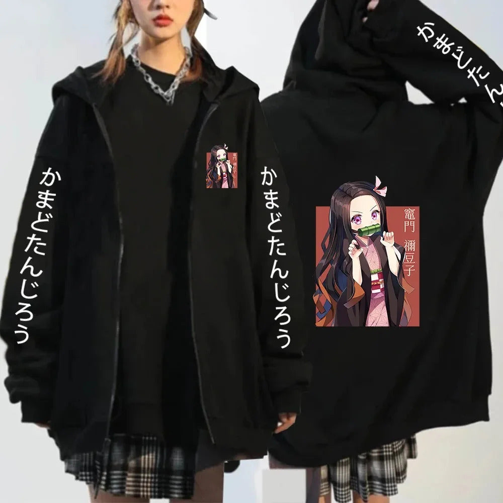 Anime Kochou Shinobu Zipper Hoodie Manga Winter Autumn Casual Jacket Sweatshirt Harajuku Demon Slayer Kimetsu No Yaiba Coats