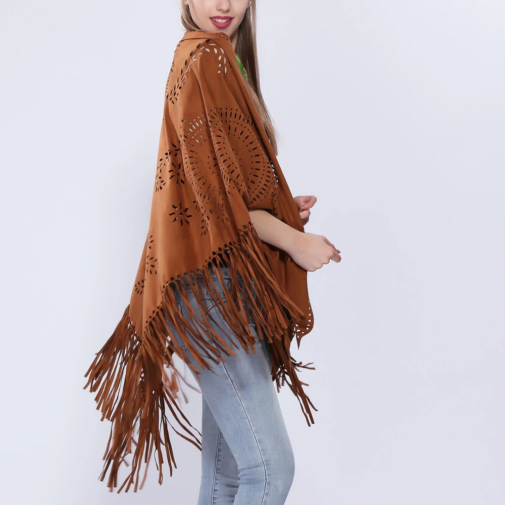 Women's Loose Suede Fringe Open Poncho Cloak Shawl Wrap with Punch Hole Patterns and Graceful Fringes Dropshipping