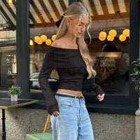 WhereMery Elegant Slash-neck Ribbed Solid Crop Tops Autumn Skinny Off Shoulder Long Sleeve T Shirt French Gentle Tight T-shirts