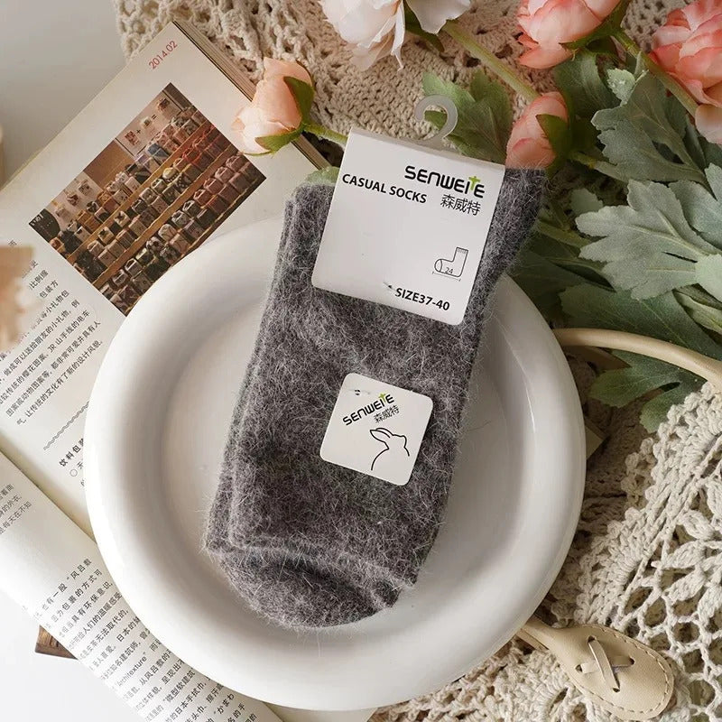 Wool Socks for Women Autumn Winter Medium Tube Socks Thickened with Wool Warm Rabbit Hair Socks Winter Black Cashmere Stockings