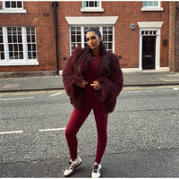 Retro Burgundy Tassels  Faux Fur Long Sleeves Short Coat Elegant Loose Turn-down Collar Jacket 2024 New Woman High Street Coats