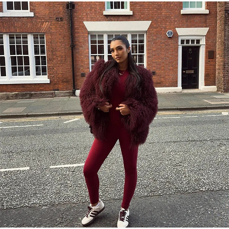 Retro Burgundy Tassels  Faux Fur Long Sleeves Short Coat Elegant Loose Turn-down Collar Jacket 2024 New Woman High Street Coats