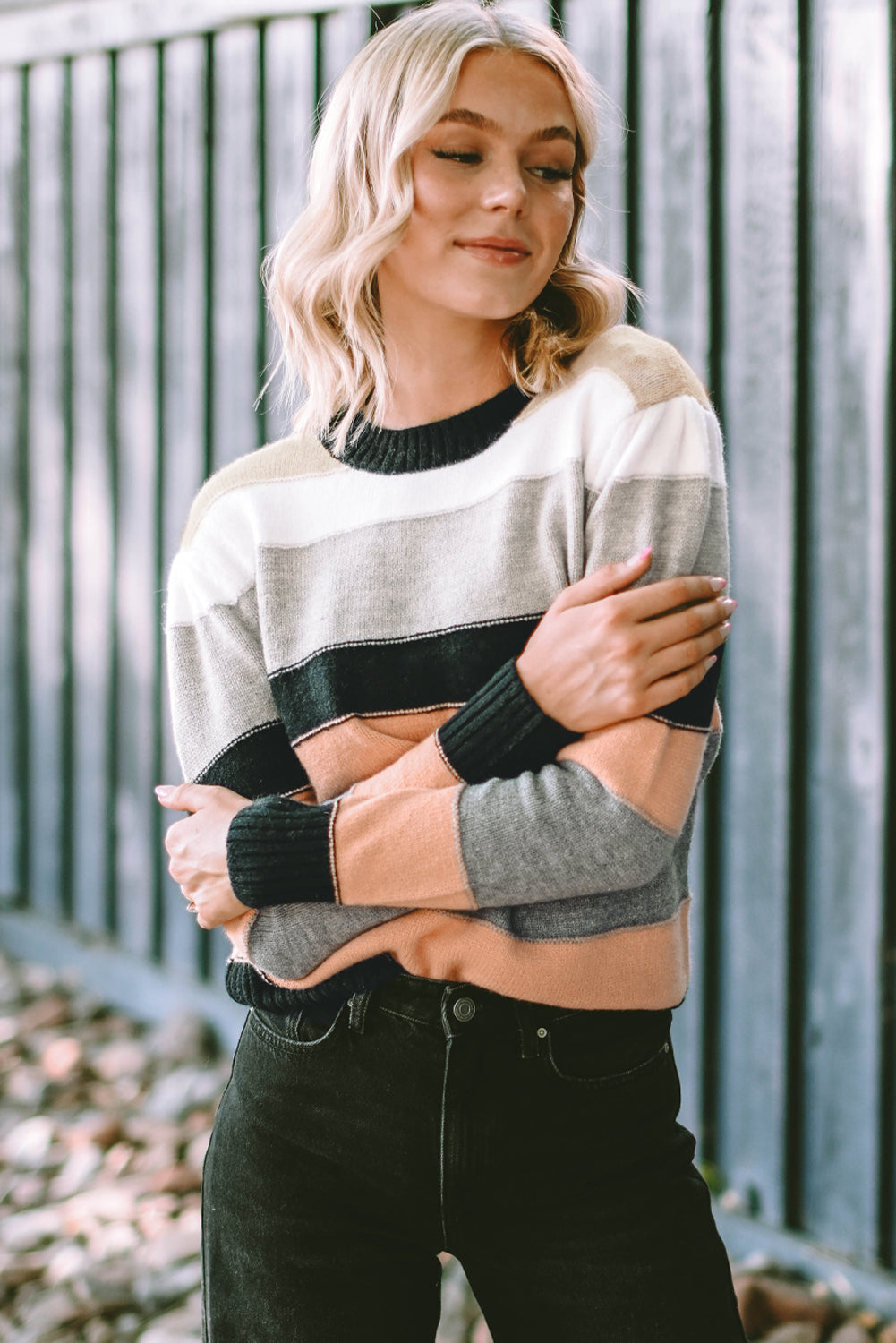 Gray Striped Color Block Casual Sweater