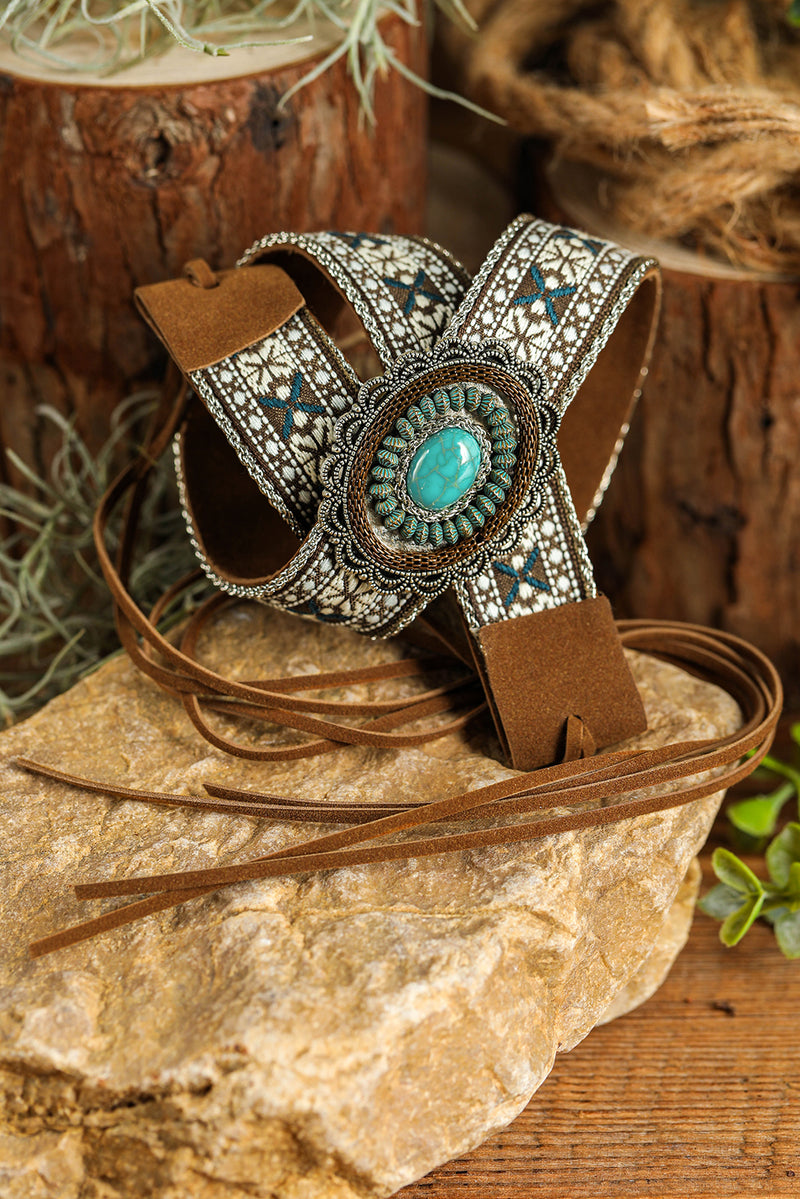 Light Blue Western Pattern Turquoise Decor Lace-up PU Leather Hat Band