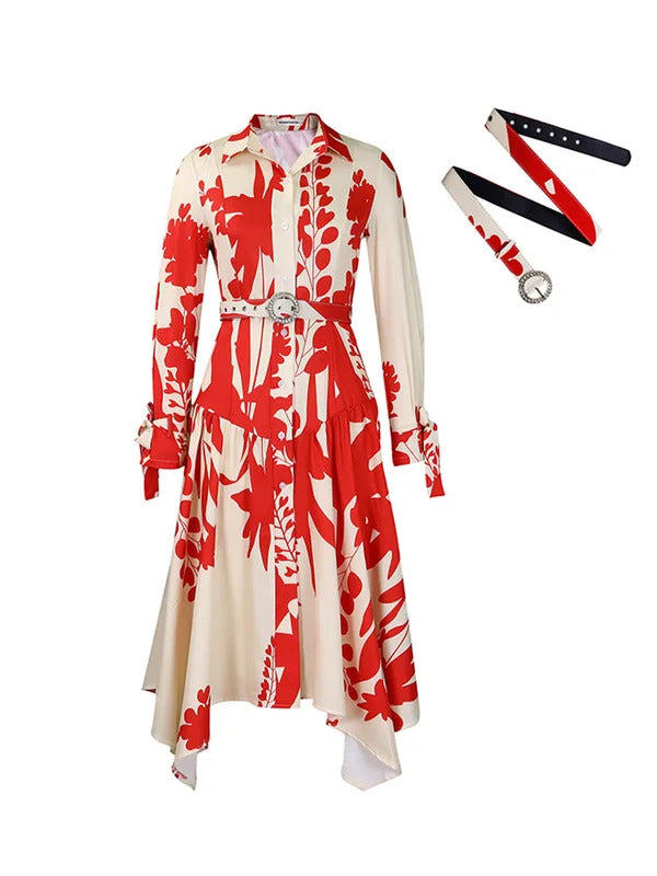 Drauuing Printed Irregular Hem Lapel Dress New Casual Women Summer Long Sleeve Dress Female Button Patchwork A Line Loose Dress