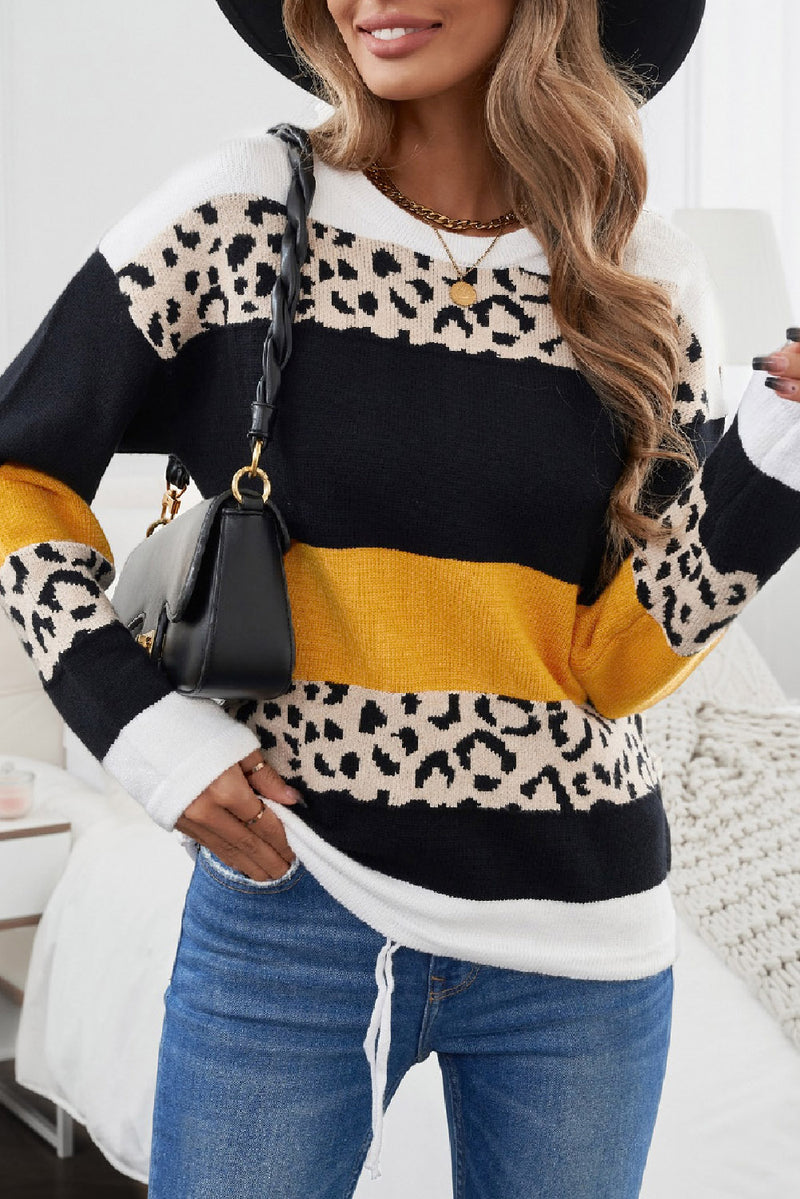 Crewneck Leopard Color Block Knit Pullover Sweater