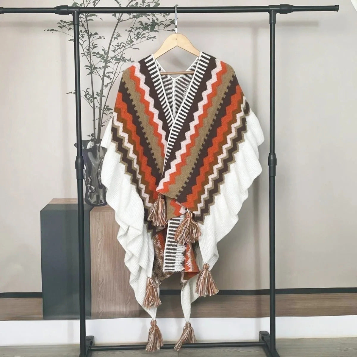 Women Ethnic Style Poncho Capes Ladies Fashion Stripe Colorful Knit Oversized Poncho Wrap Fringed Shawl Bohemian