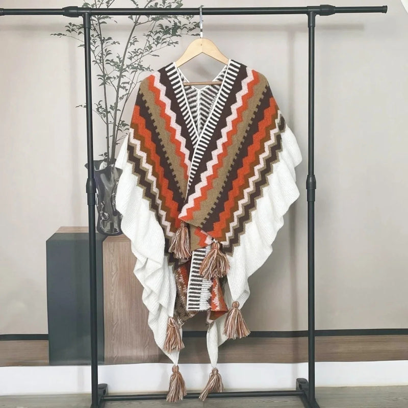 Women Ethnic Style Poncho Capes Ladies Fashion Stripe Colorful Knit Oversized Poncho Wrap Fringed Shawl Bohemian