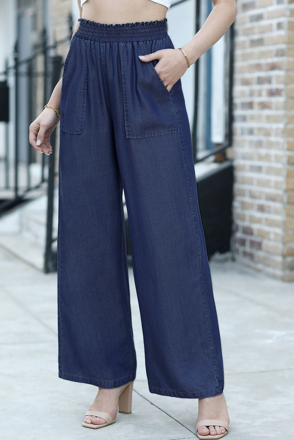 Sail Blue Side Pockets Frilled Smocked High Waist Wide Leg Jeans