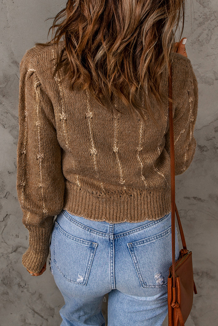 Brown Long Sleeve O-neck Knitted Sweater