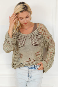 Light French Beige Star Pointelle Knit Baggy Sweater