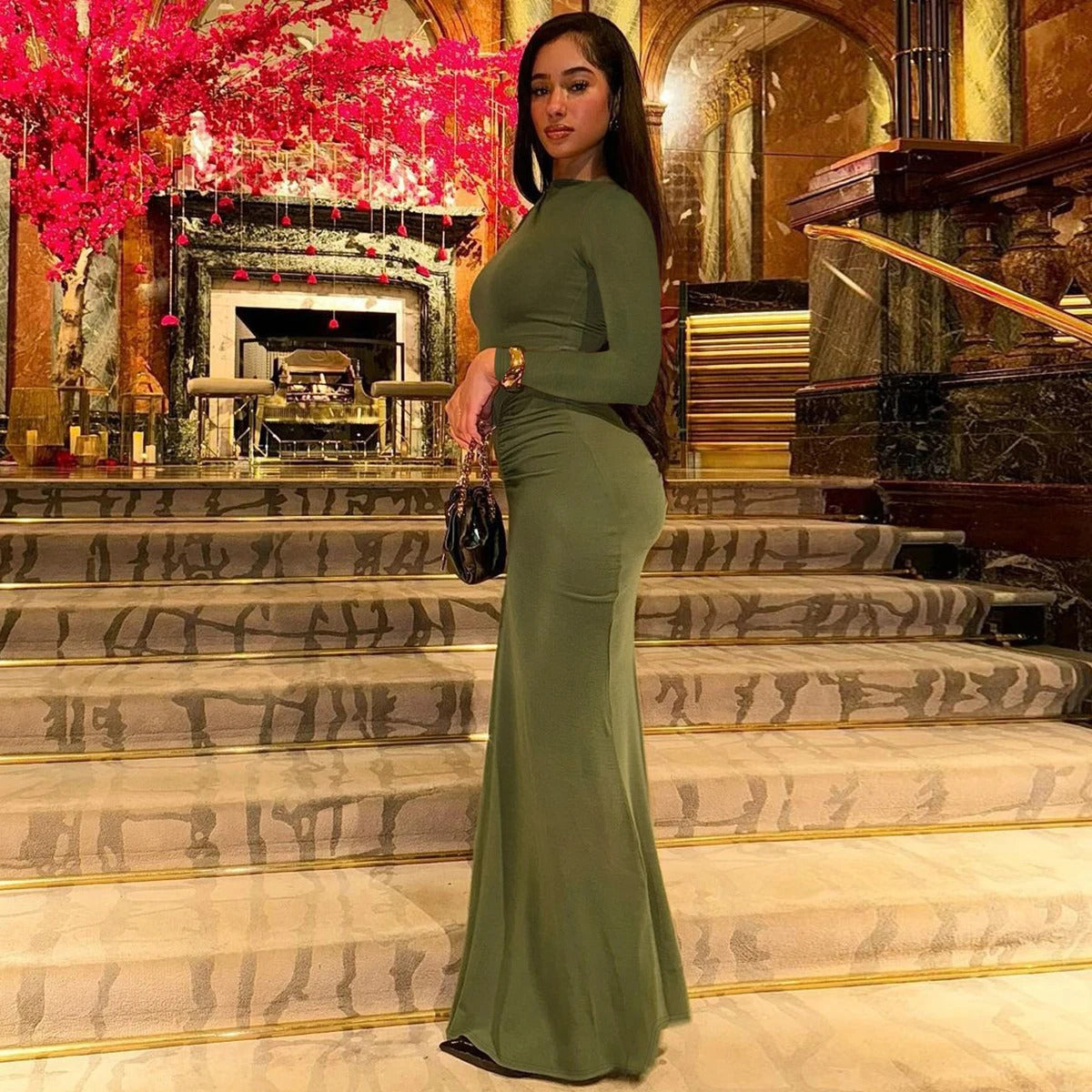 Hugcitar 2024 Autumn Solid Long Sleeve Draped Sexy Bodycon Maxi Prom Dress Women Fashion Y2K Outfits Evening Party Festival