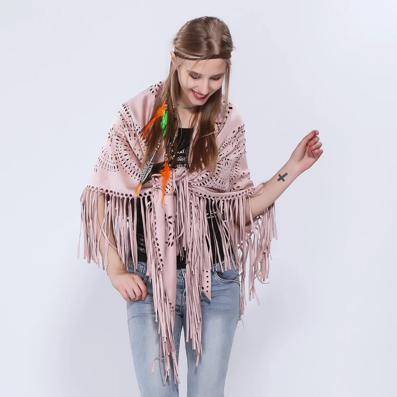 Women's Loose Suede Fringe Open Poncho Cloak Shawl Wrap with Punch Hole Patterns and Graceful Fringes Dropshipping