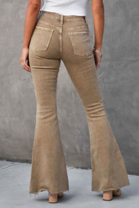 Khaki Raw Hem High Waist Flare Jeans