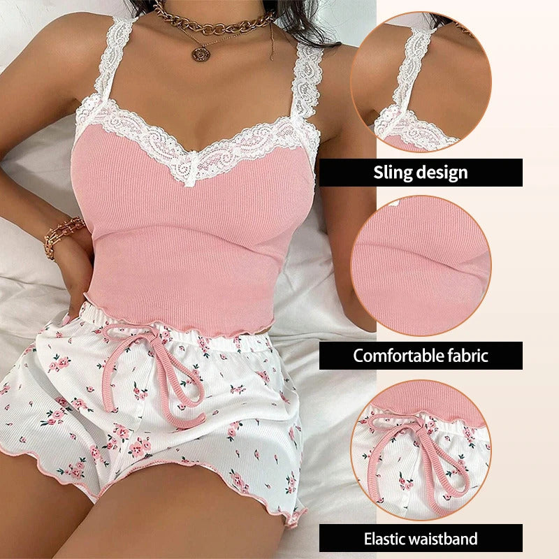 Women's Two-Piece Summer Ribbed Knitted Flower Print Lace Trimmed Camisole Vest and Bow Shorts Sexy Pajama Set