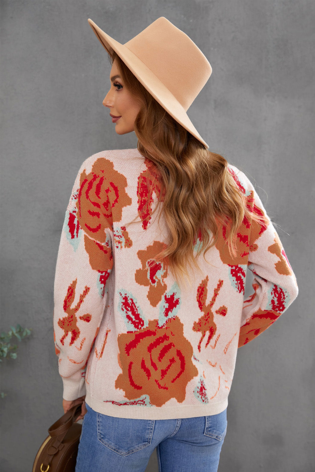 Floral Pattern Drop Shoulder Crew Neck Sweater