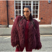 Retro Burgundy Tassels  Faux Fur Long Sleeves Short Coat Elegant Loose Turn-down Collar Jacket 2024 New Woman High Street Coats