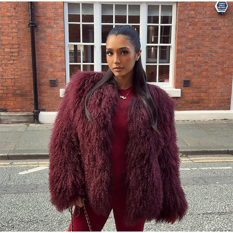 Retro Burgundy Tassels  Faux Fur Long Sleeves Short Coat Elegant Loose Turn-down Collar Jacket 2024 New Woman High Street Coats