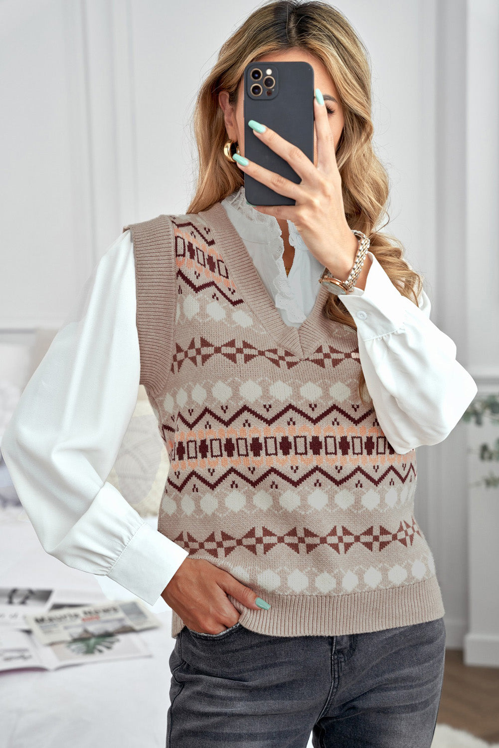 Sky Blue Tribal Print V Neck Knitted Sweater Vest