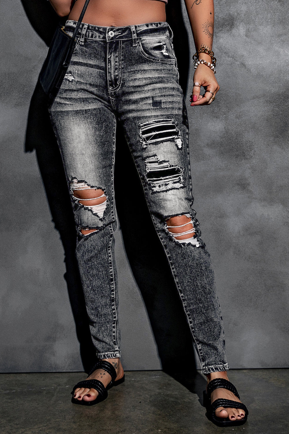 Gray Acid Wash High Rise Ripped Skinny Jeans