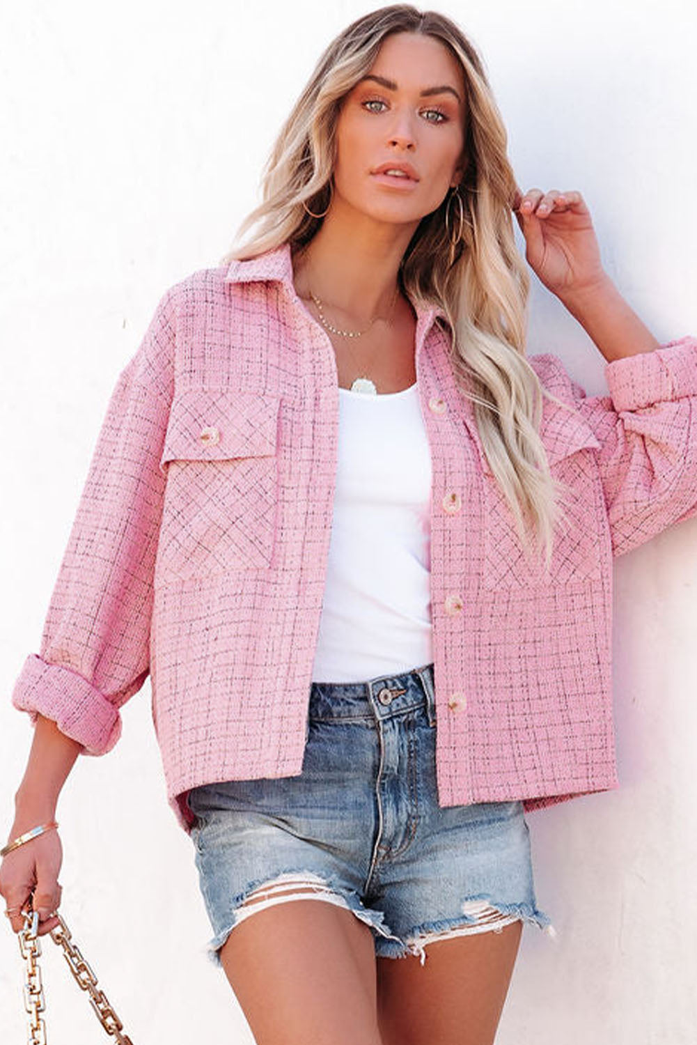 Pink Plaid Tweed Button Up Shacket