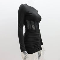 Shirring Mesh Hollow Out Bodycon Dress Women O Neck Long Sleeve Mini Vestidos Ribbed Hot Sexy Dresses Fashion High Street Wear