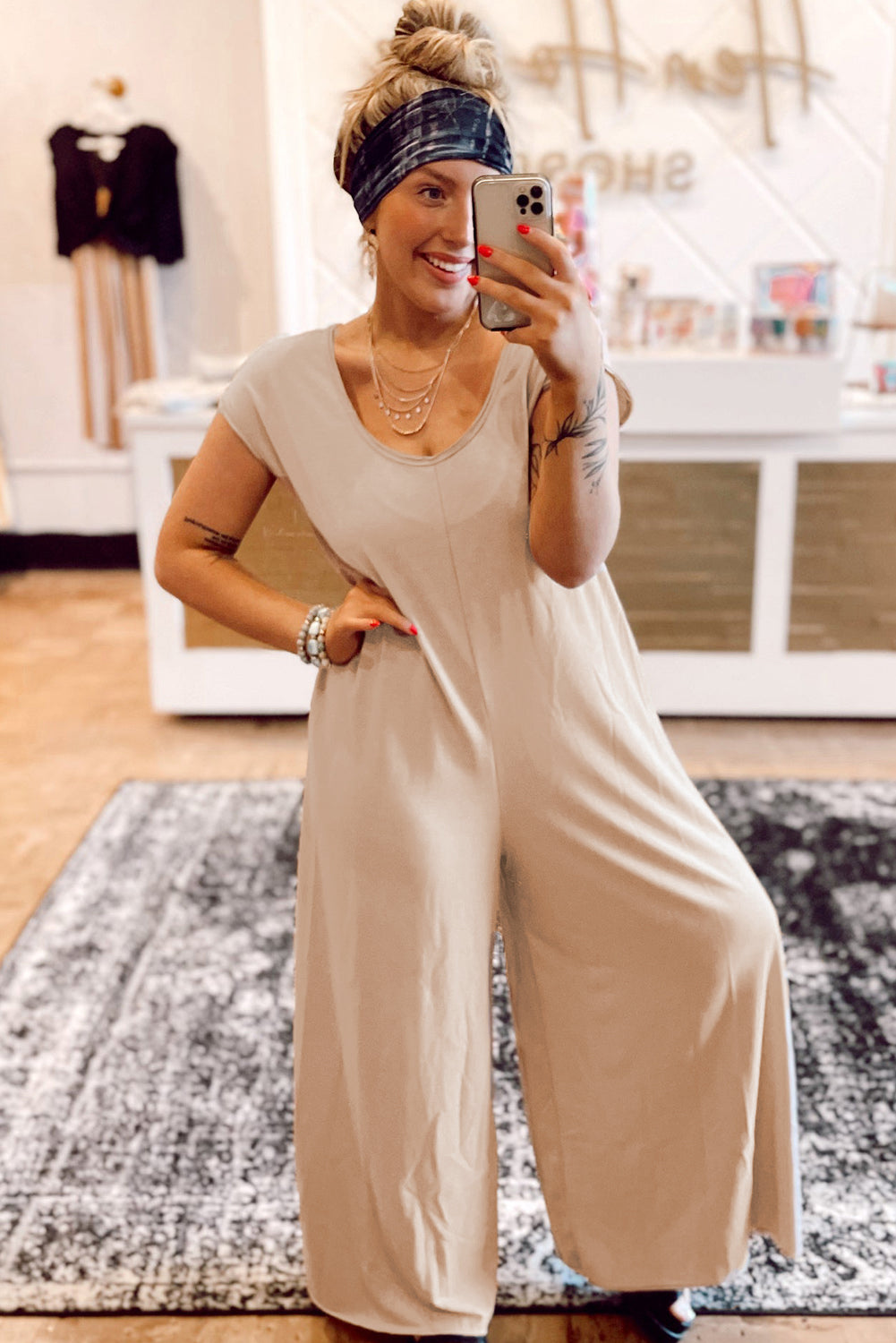 Light French Beige Cap Sleeve Round Neck Curvy Wide Leg Jumpsuit