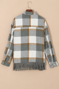 Medium Grey Plaid Snap Button Pocket Fringed Hem Jacket