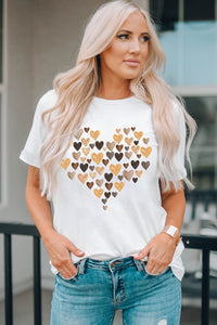 White Valentine's Day Heart Shaped Print Crew Neck Graphic Tee