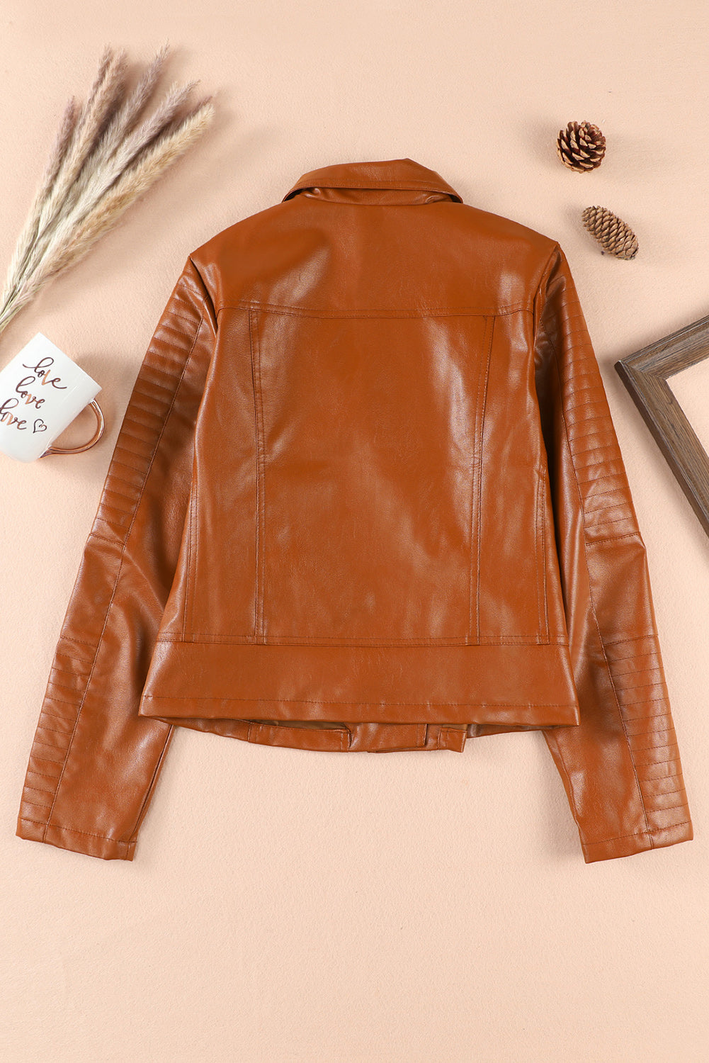 Brown Ribbed Seam Detail Faux Leather Zipped Motorcycle Jacket