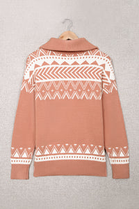 Pink Geometry Knit Quarter Zip Sweater