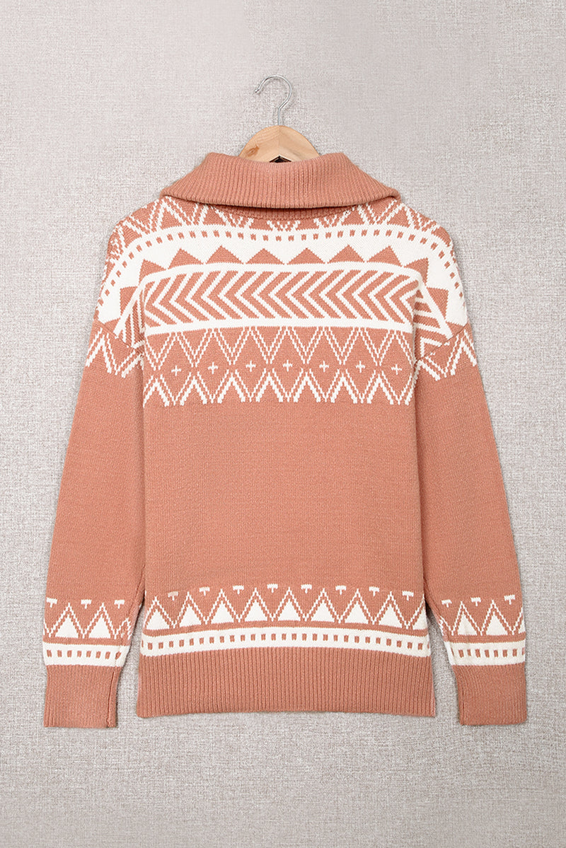 Pink Geometry Knit Quarter Zip Sweater