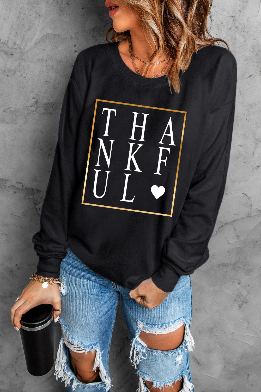 Black THANKFUL Heart Print Long Sleeve Sweatshirt