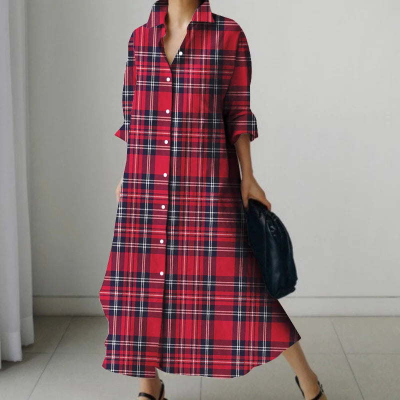 Plaid 3D Printed Shirt Long Dress Spring Summer Casual Long Dress Elegant Retro Collar Buttoned Shirt Dress Beach Cover-ups