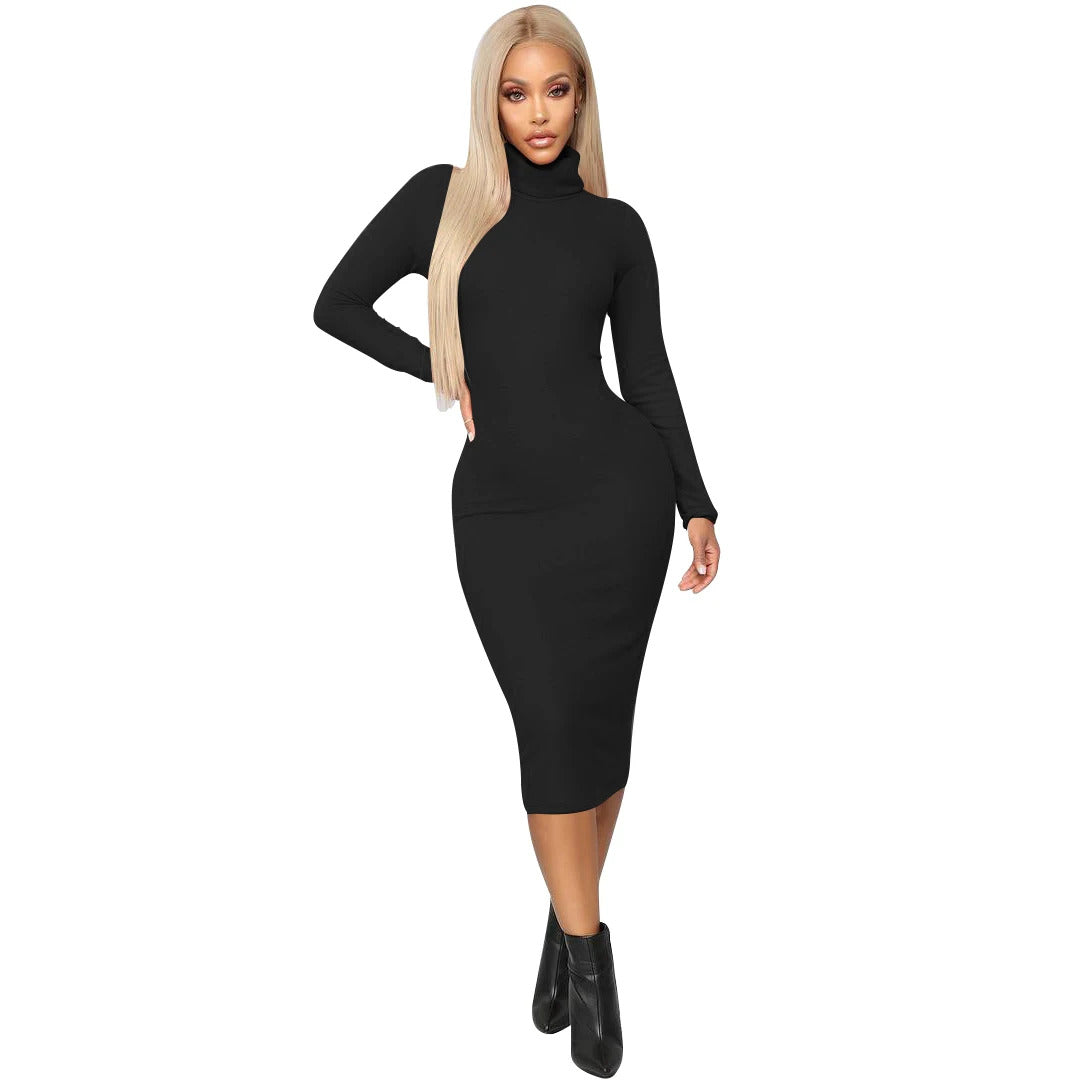 spring Longuette long-sleeved Elastic force Slim High collar slim long dress