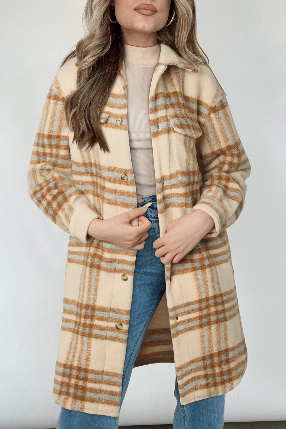 Brown Plaid Print Flap Pockets Button-up Long Jacket