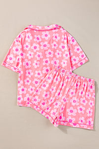 Pink Flower Print Short Sleeve Shirt Pajamas Set